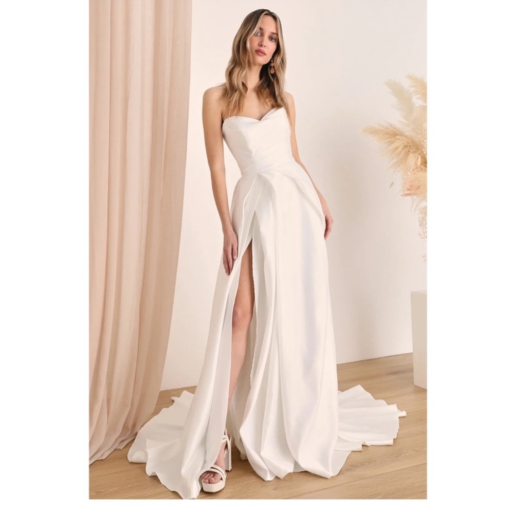 Lulu’s lifetime of love white satin A-line gown